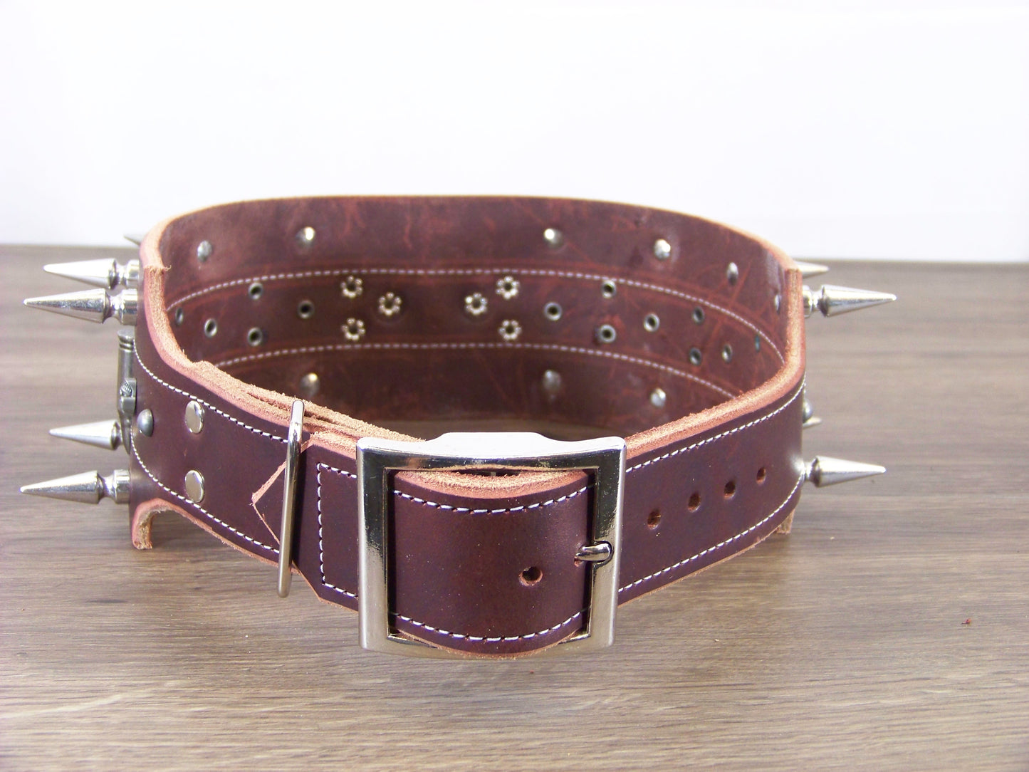 F)   3" Wide Leather Dog Collar -Top Gun- Double Row of Long Spikes w Skull and Cartridge Conchos