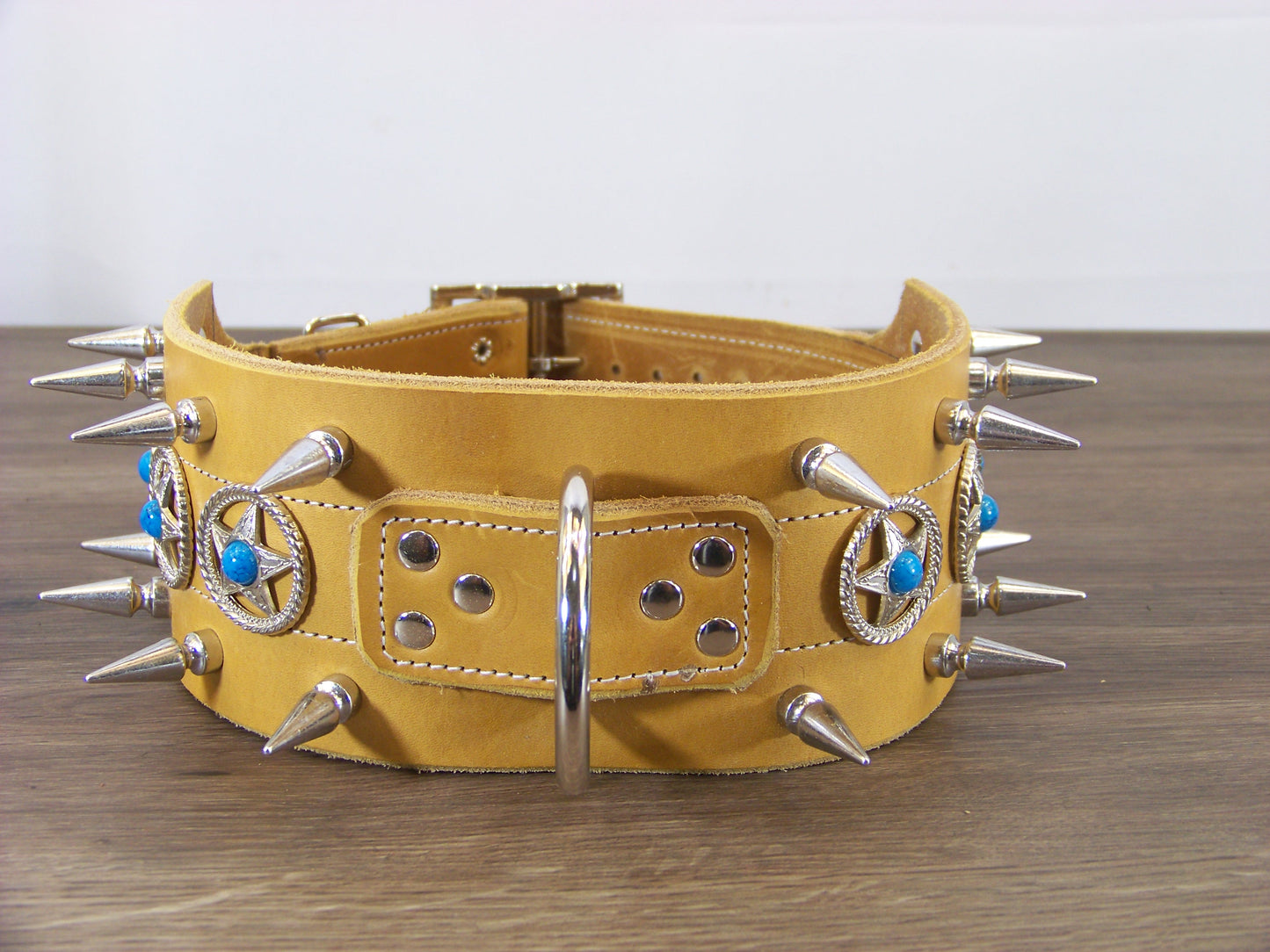 F)   3" Wide Leather Dog Collar - The Rangler - Double Row of 1-1/4" Spikes with Turquoise Star Conchos