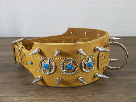 F)   3" Wide Leather Dog Collar - The Rangler - Double Row of 1-1/4" Spikes with Turquoise Star Conchos