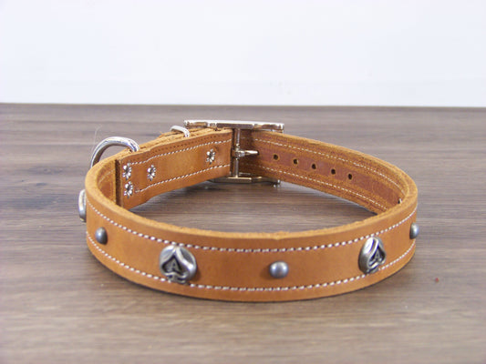 C)   1" Wide Leather Dog Collar - The Gambler - ON SALE - Featuring an Ace of Spades Concho W/ Dome Rivets
