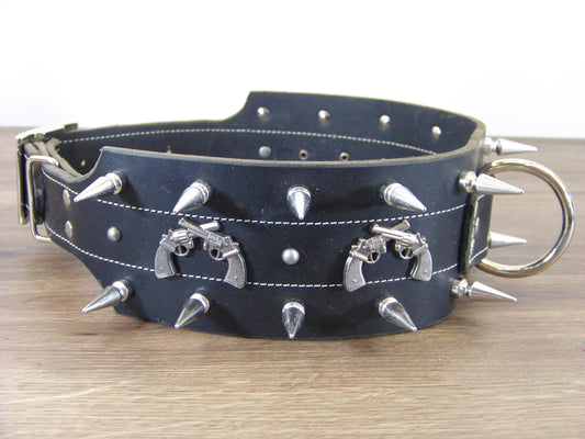 F)   3" Wide Leather Dog Collar- The Outlaw- 1-1/4" Double Row Spikes with Six Gun Concho