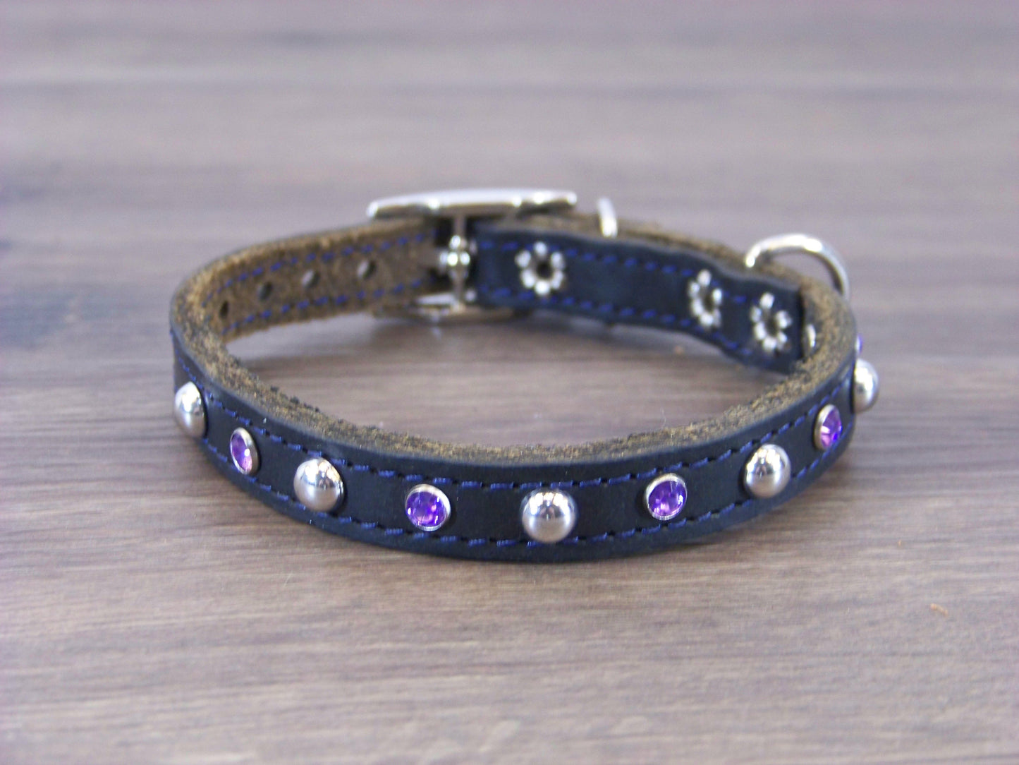 A) Durable Latigo Leather Miniature Dog Collar- 1/2" Wide-Rhinestones and Dome Accents