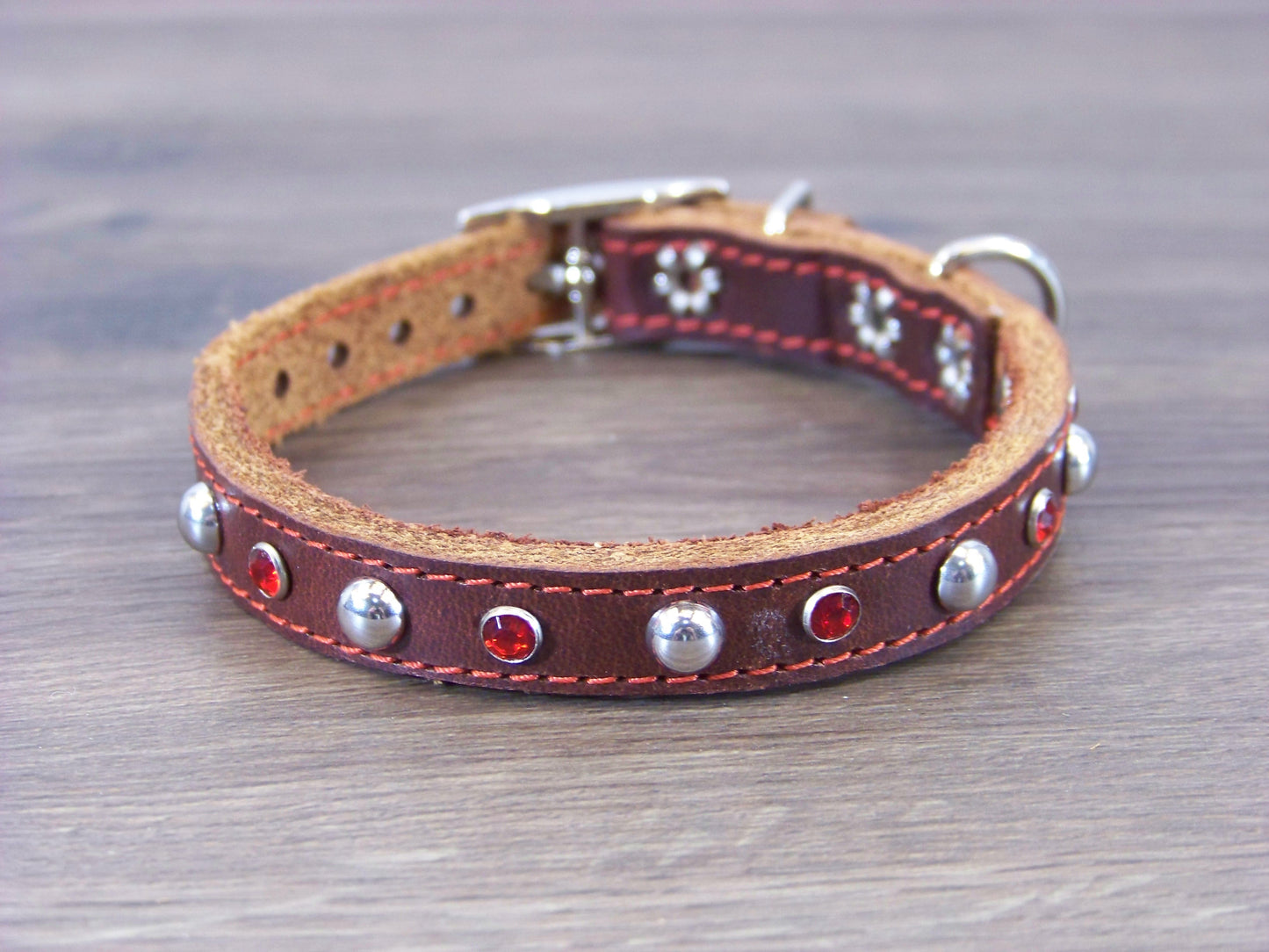 A) Durable Latigo Leather Miniature Dog Collar- 1/2" Wide-Rhinestones and Dome Accents