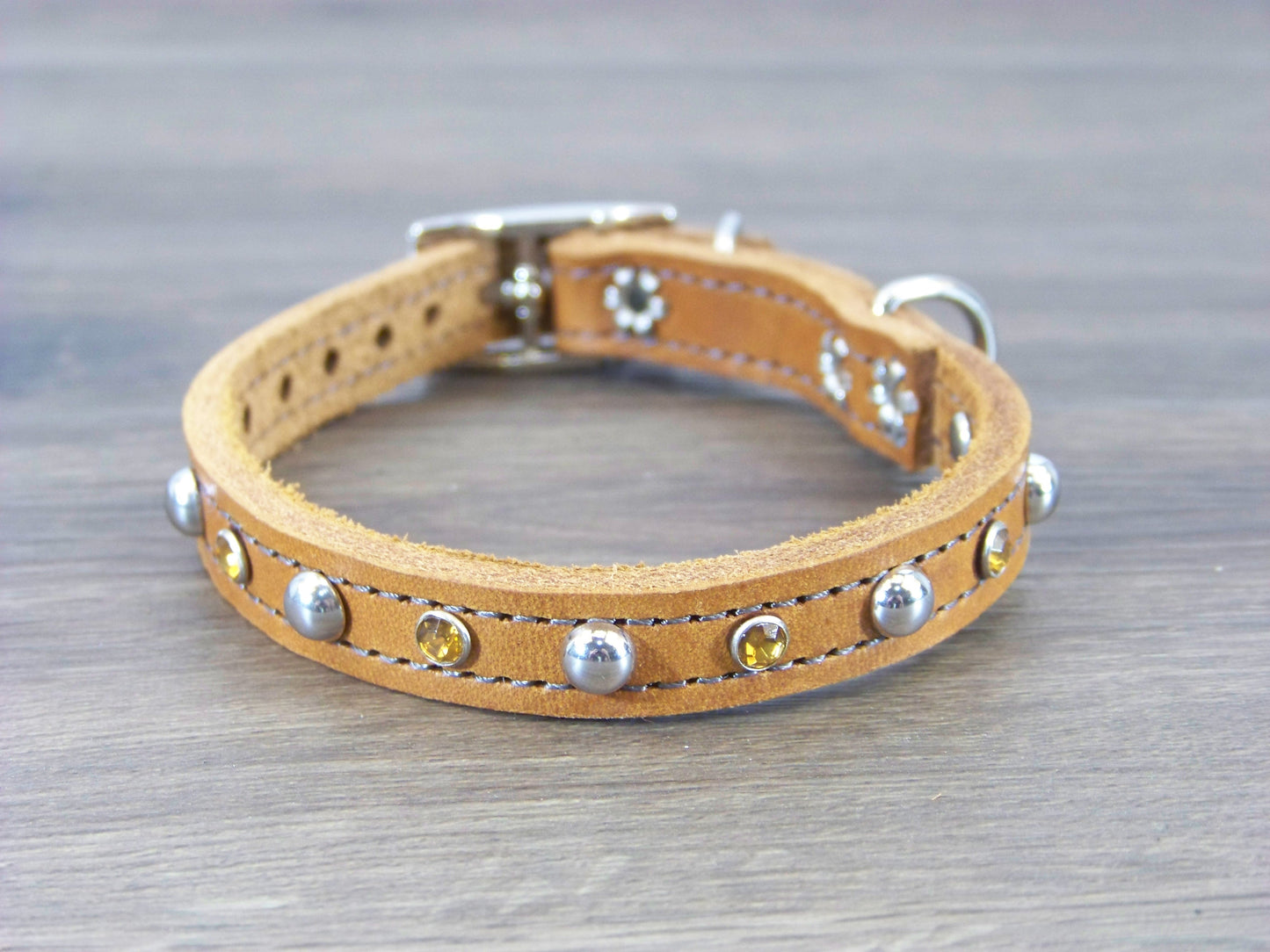 A) Durable Latigo Leather Miniature Dog Collar- 1/2" Wide-Rhinestones and Dome Accents