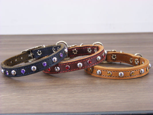 A) Durable Latigo Leather Miniature Dog Collar- 1/2" Wide-Rhinestones and Dome Accents