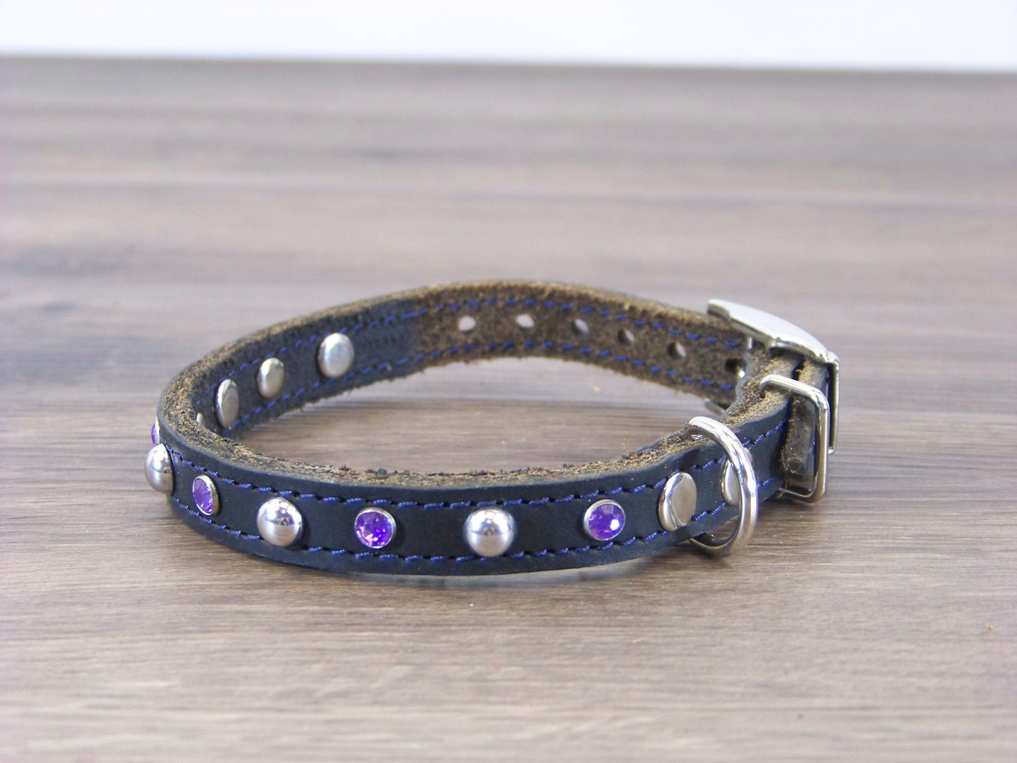 A) Durable Latigo Leather Miniature Dog Collar- 1/2" Wide-Rhinestones and Dome Accents