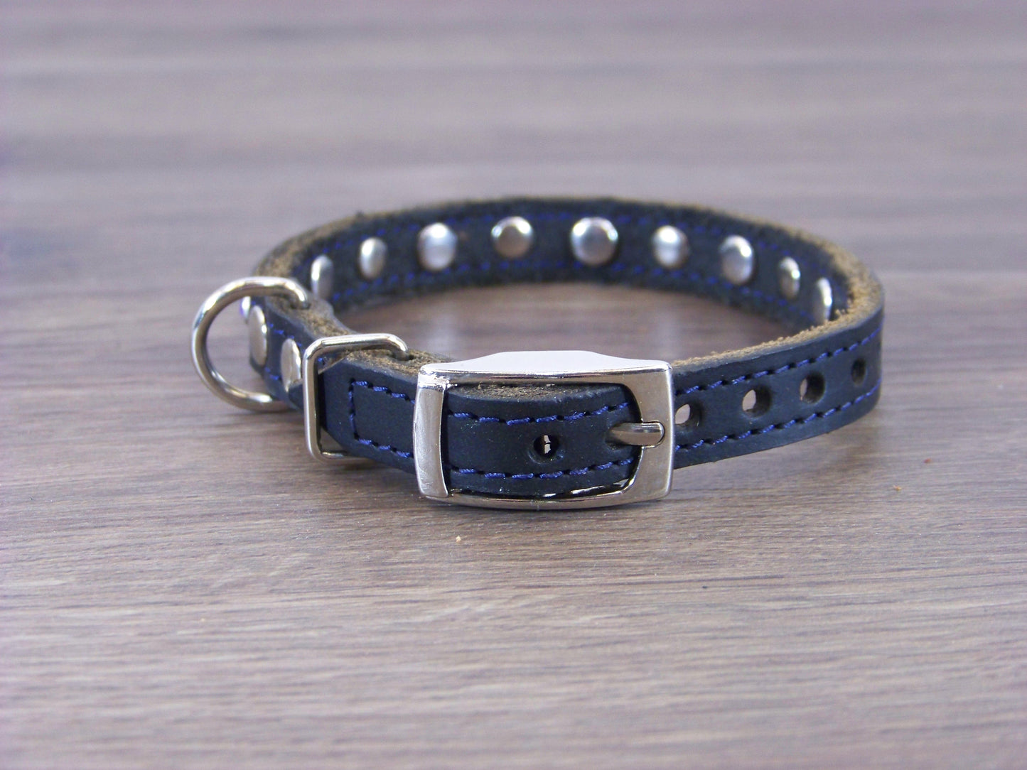 A) Durable Latigo Leather Miniature Dog Collar- 1/2" Wide-Rhinestones and Dome Accents