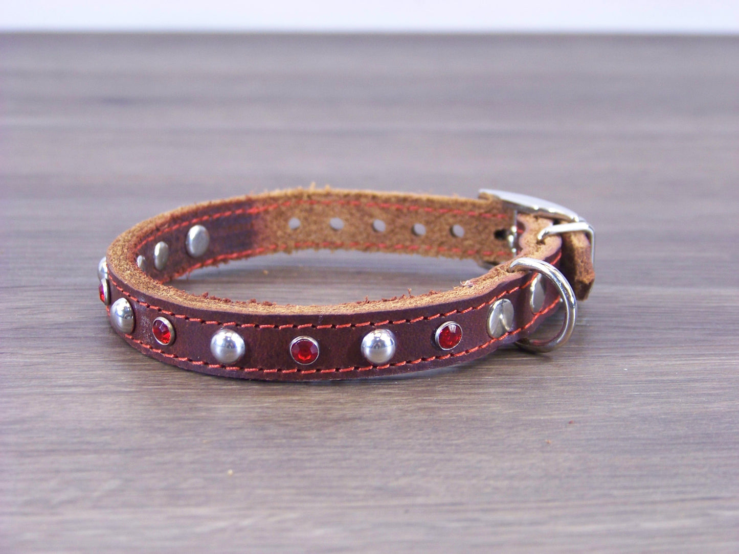 A) Durable Latigo Leather Miniature Dog Collar- 1/2" Wide-Rhinestones and Dome Accents