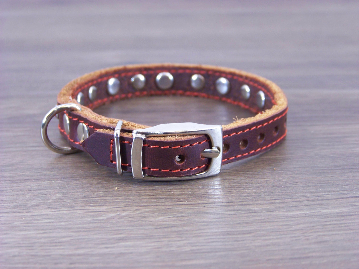 A) Durable Latigo Leather Miniature Dog Collar- 1/2" Wide-Rhinestones and Dome Accents