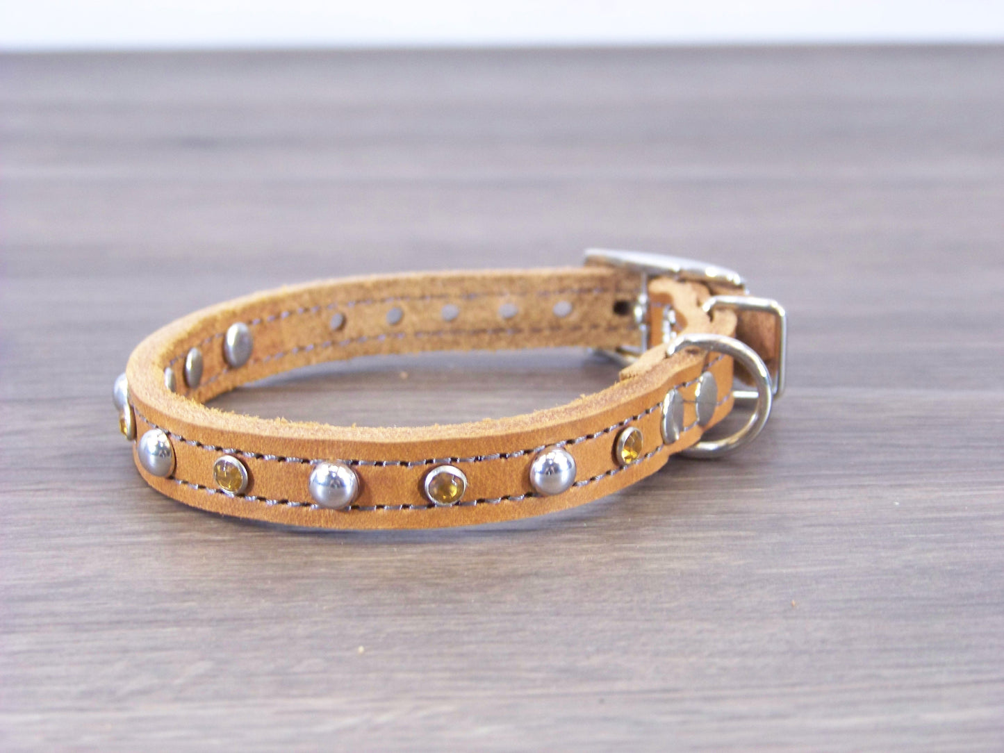 A) Durable Latigo Leather Miniature Dog Collar- 1/2" Wide-Rhinestones and Dome Accents