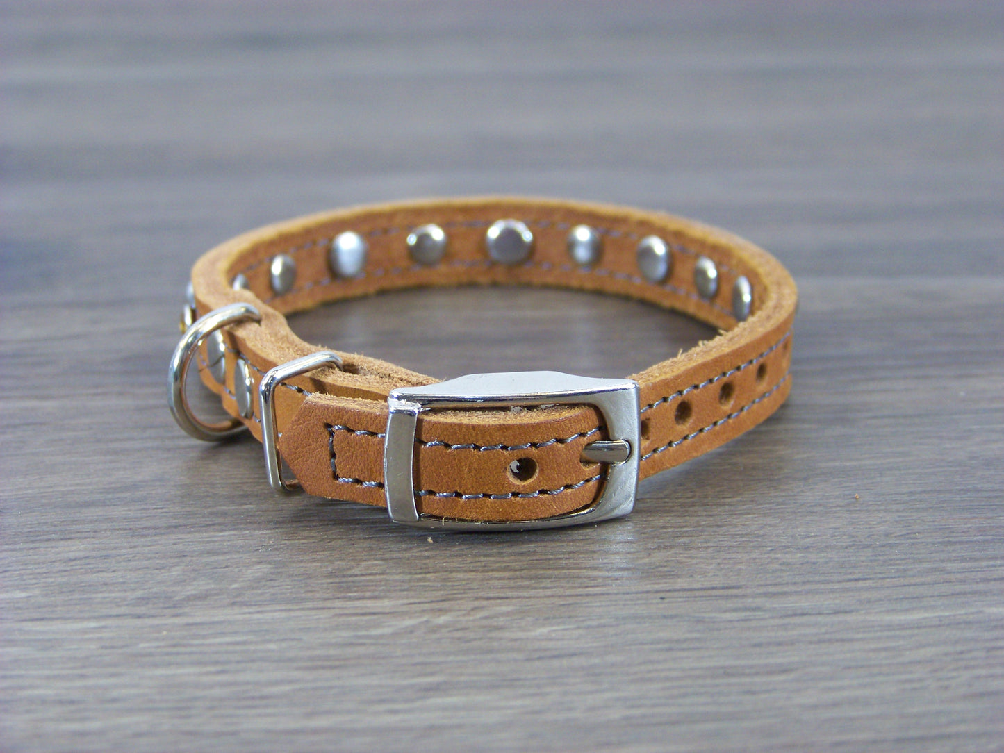 A) Durable Latigo Leather Miniature Dog Collar- 1/2" Wide-Rhinestones and Dome Accents