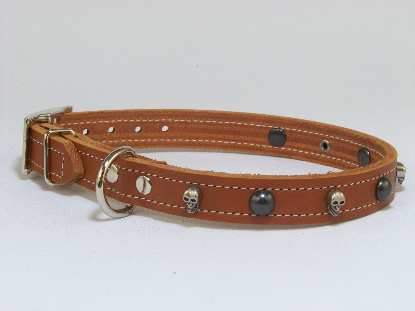 B)   3/4" Wide Leather Dog Collar - The Dark Angel II - Featuring Skull Conchos with Dark Dome Accents