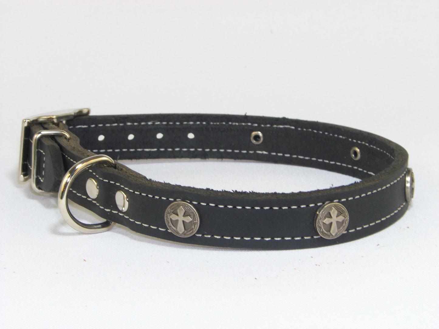 B)  3/4" Wide Leather Dog Collar -The Guardian - Featuring a Celtic Cross Concho