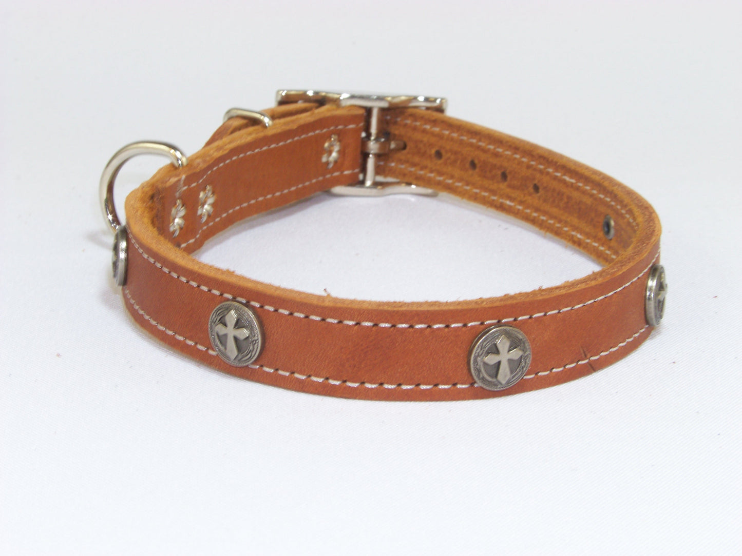 B)  3/4" Wide Leather Dog Collar -The Guardian - Featuring a Celtic Cross Concho
