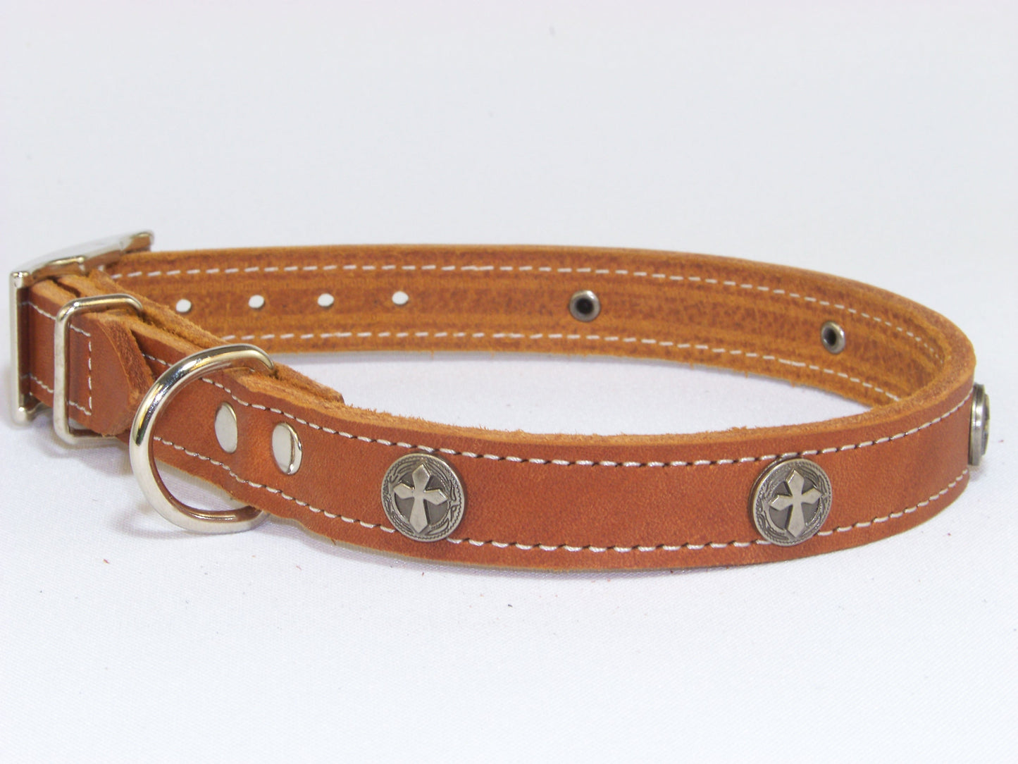 B)  3/4" Wide Leather Dog Collar -The Guardian - Featuring a Celtic Cross Concho