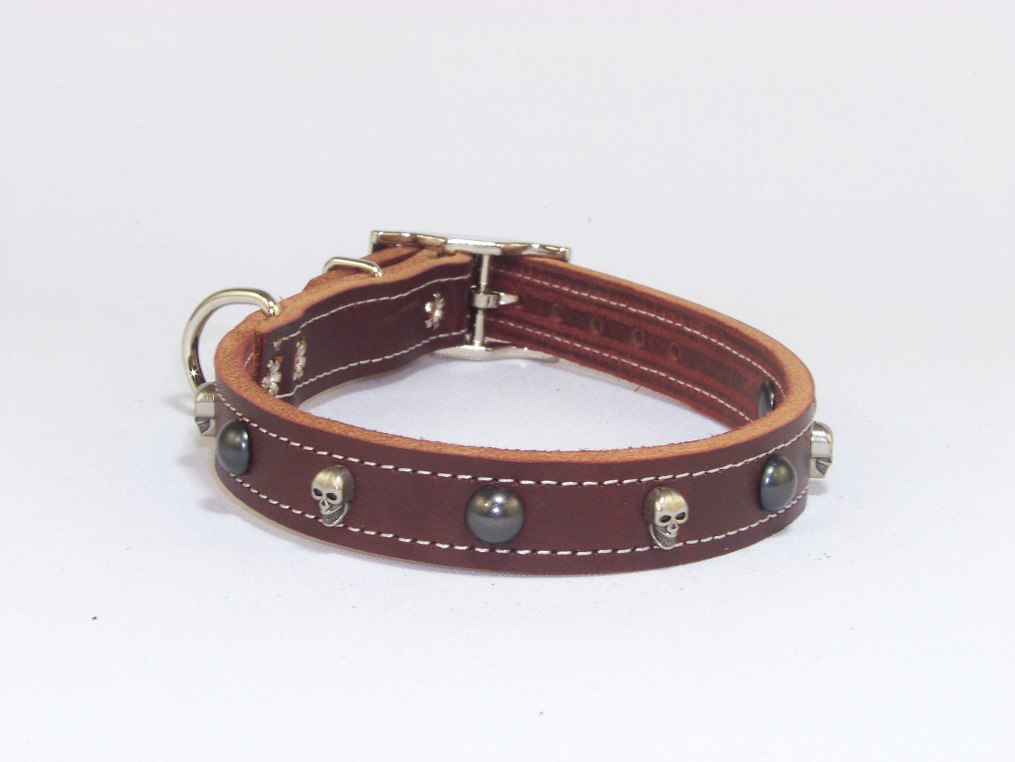 B)   3/4" Wide Leather Dog Collar - The Dark Angel II - Featuring Skull Conchos with Dark Dome Accents