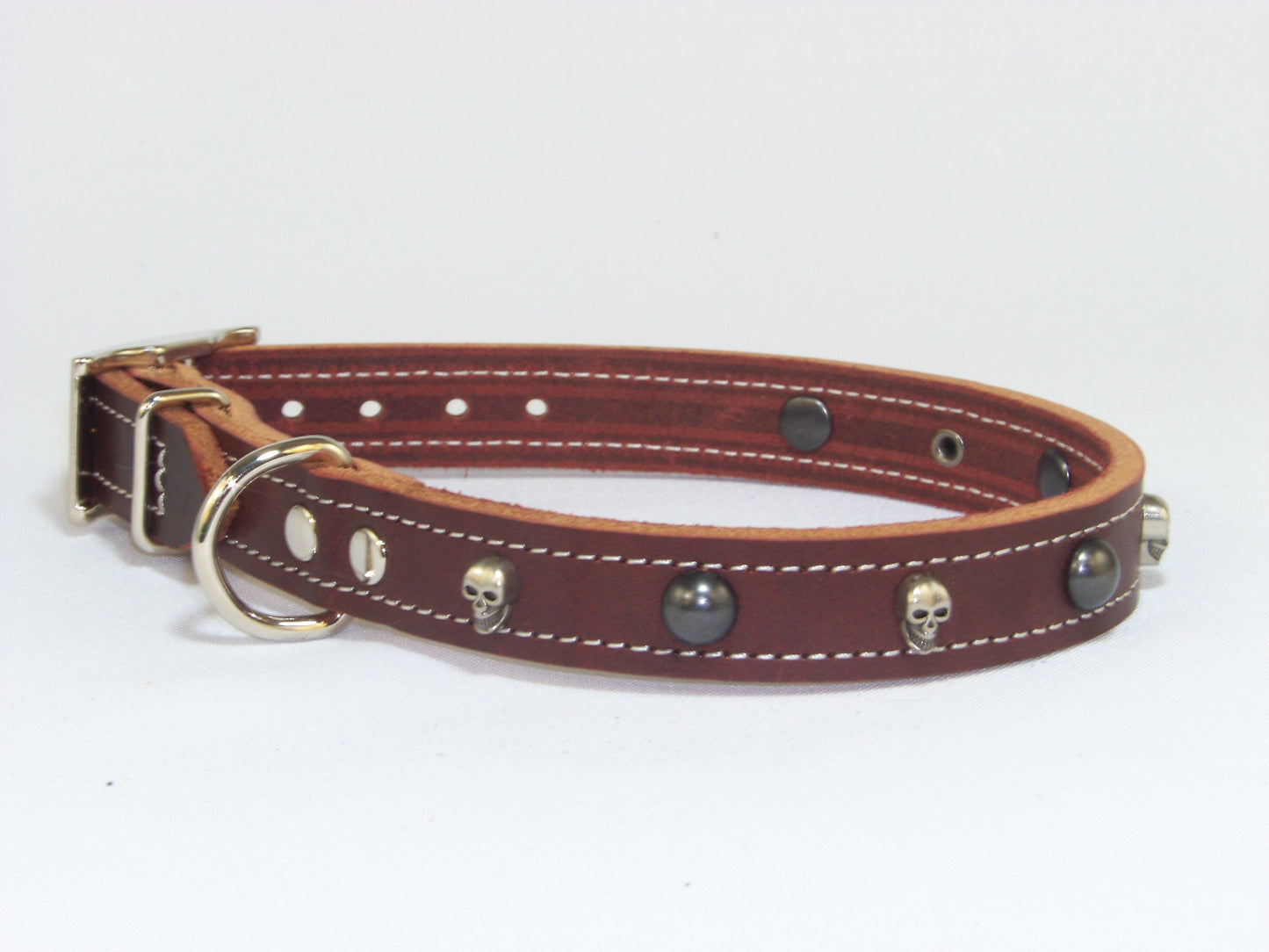 B)   3/4" Wide Leather Dog Collar - The Dark Angel II - Featuring Skull Conchos with Dark Dome Accents